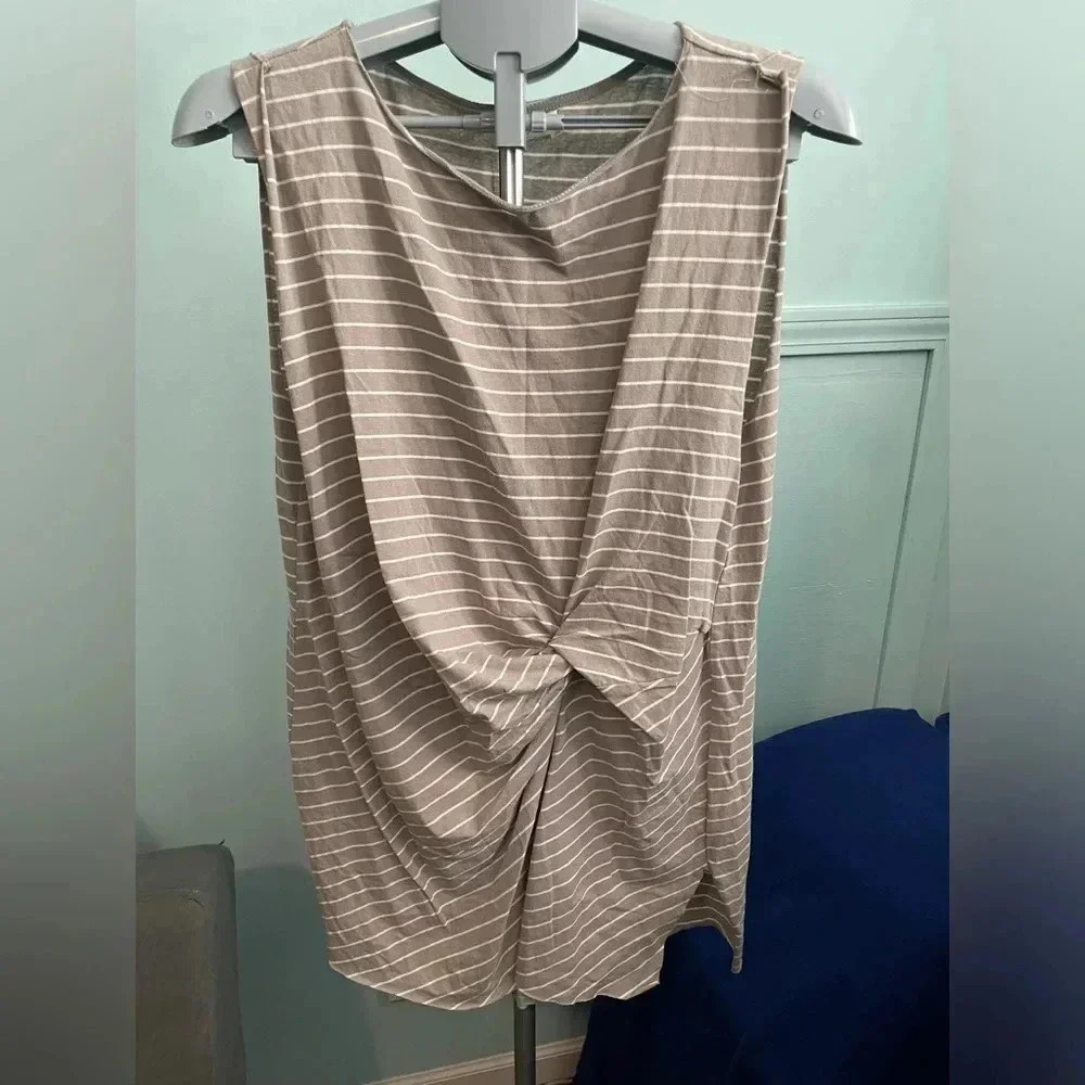 Mustard Seed Striped Twist Front Tank Top Womens‎ Large Taupe White Sleeveless